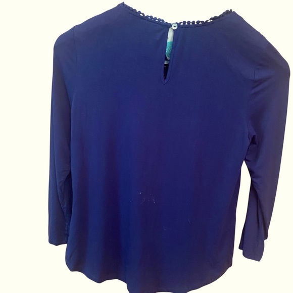 Daniel Rainn Darrel Crochet Yoke Knit Top Size MP Navy Casual Peasant Boho Flowy - Picture 2 of 16